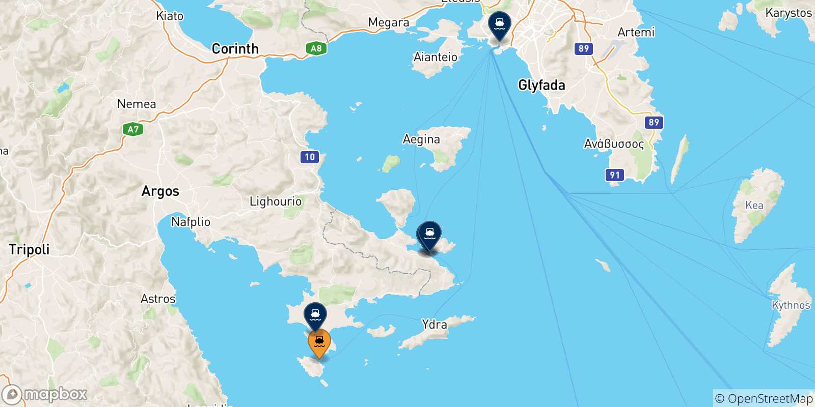 Map of the possible routes between Spetses and Greece