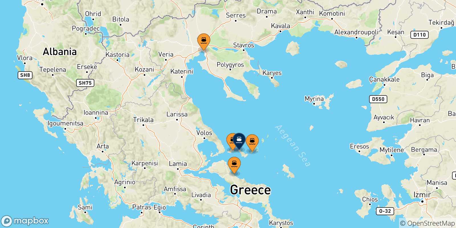 Map of the possible routes between Greece and Agnontas (Skopelos)