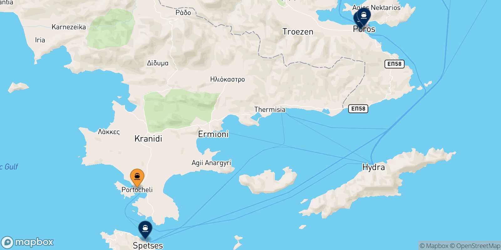 Map of the destinations reachable from Porto Heli