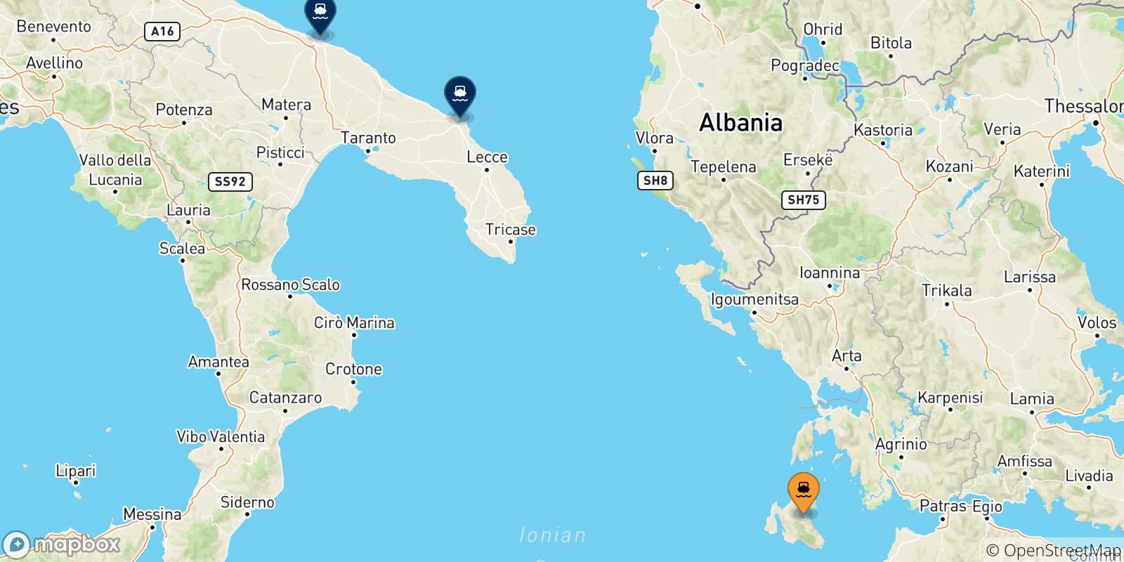 Map of the possible routes between Sami (Kefalonia) and Italy