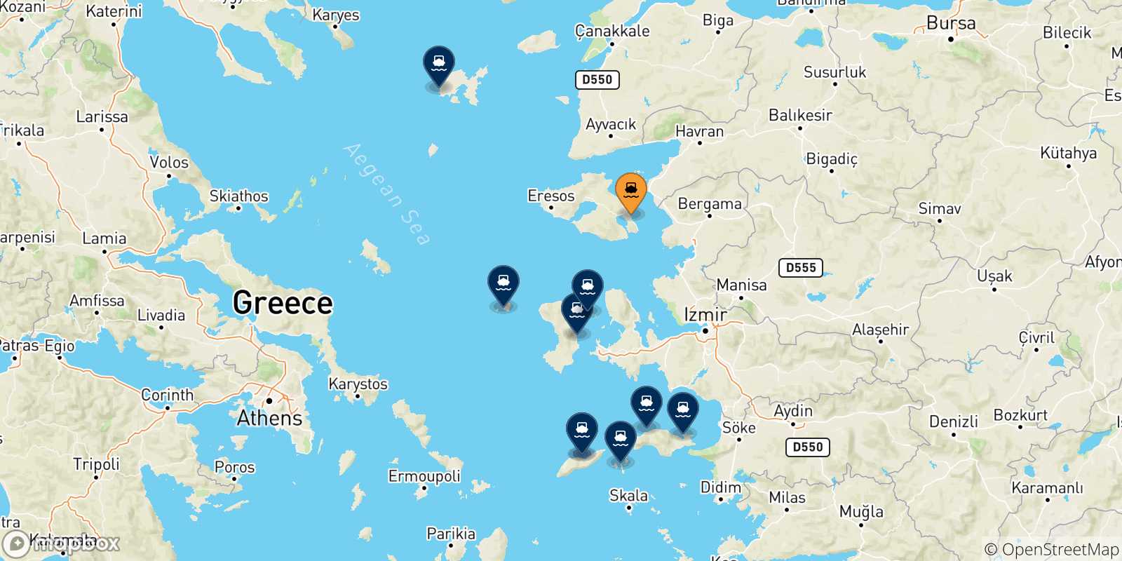 Map of the possible routes between Mytilene (Lesvos) and Aegean Islands