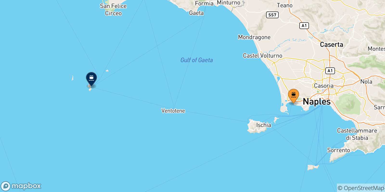 Map of the possible routes between Gulf Of Naples and Ponza