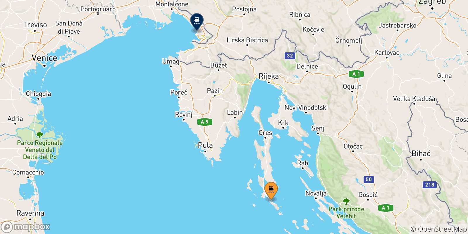 Map of the possible routes between Mali Losinj and Italy
