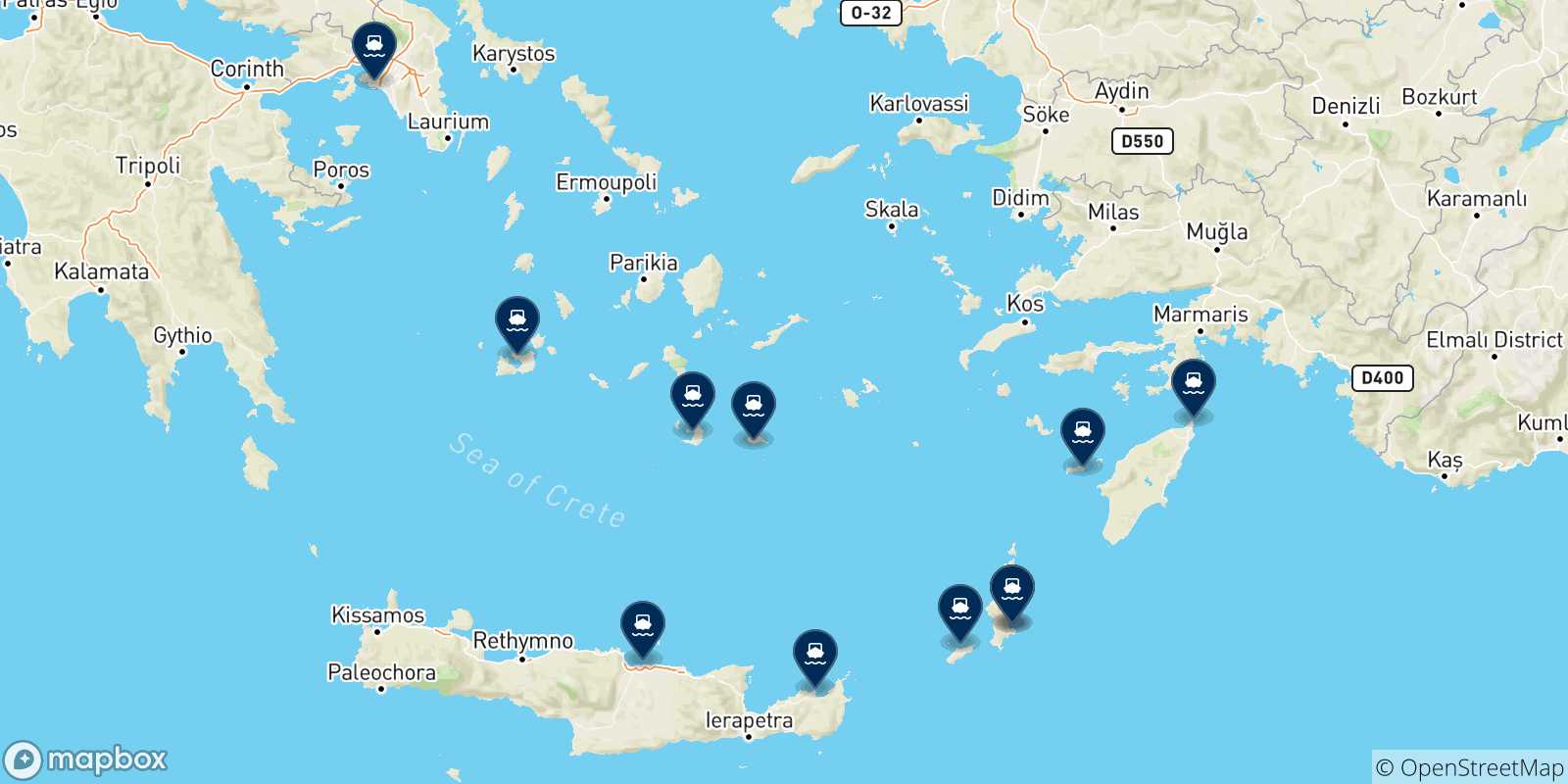 Map of the possible routes between Diafani (Karpathos) and Greece