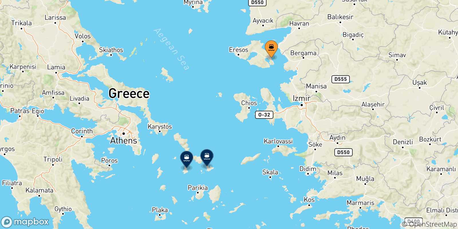 Map of the possible routes between Mytilene (Lesvos) and Cyclades Islands