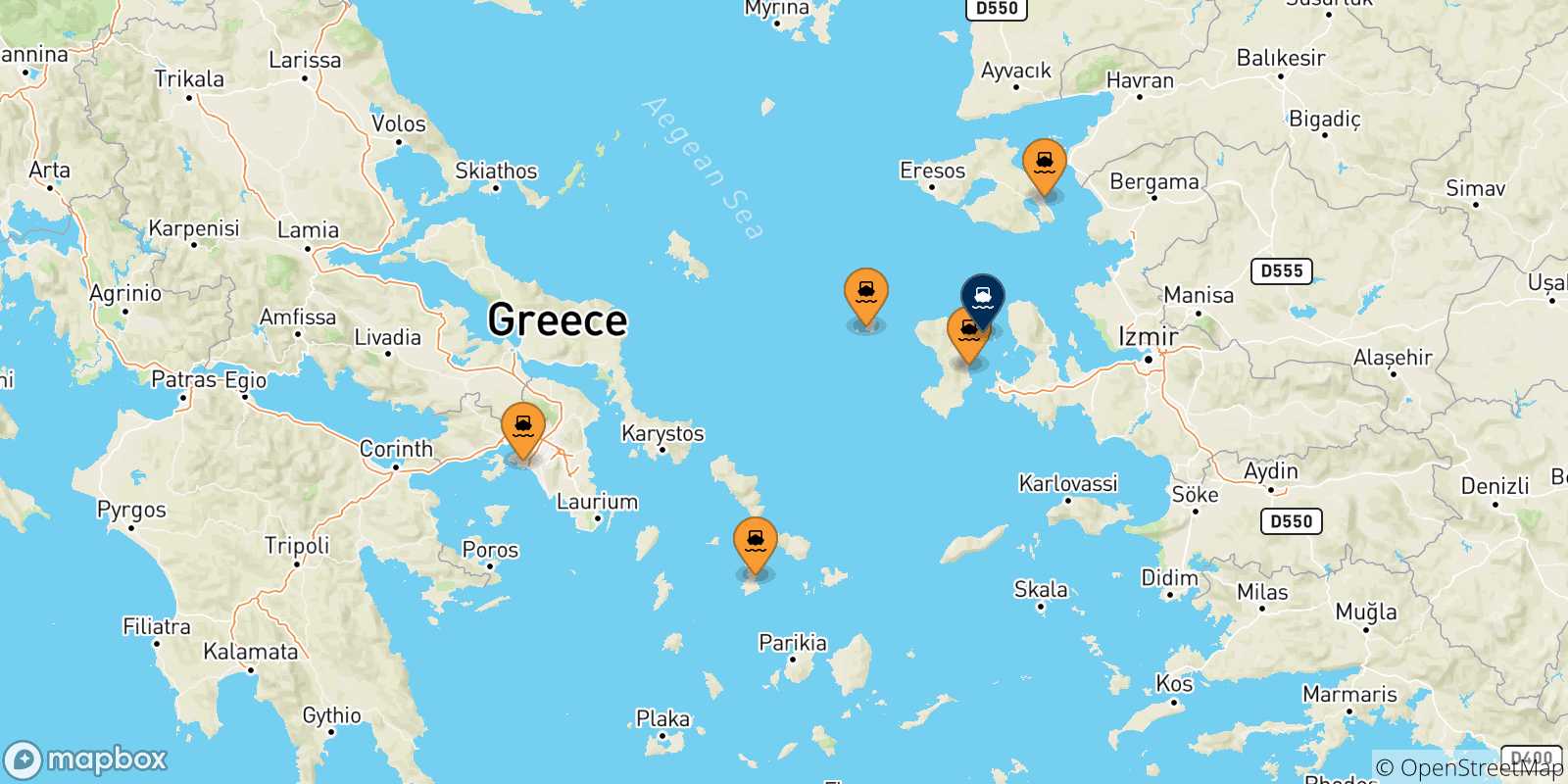 Map of the possible routes between Greece and Inousses
