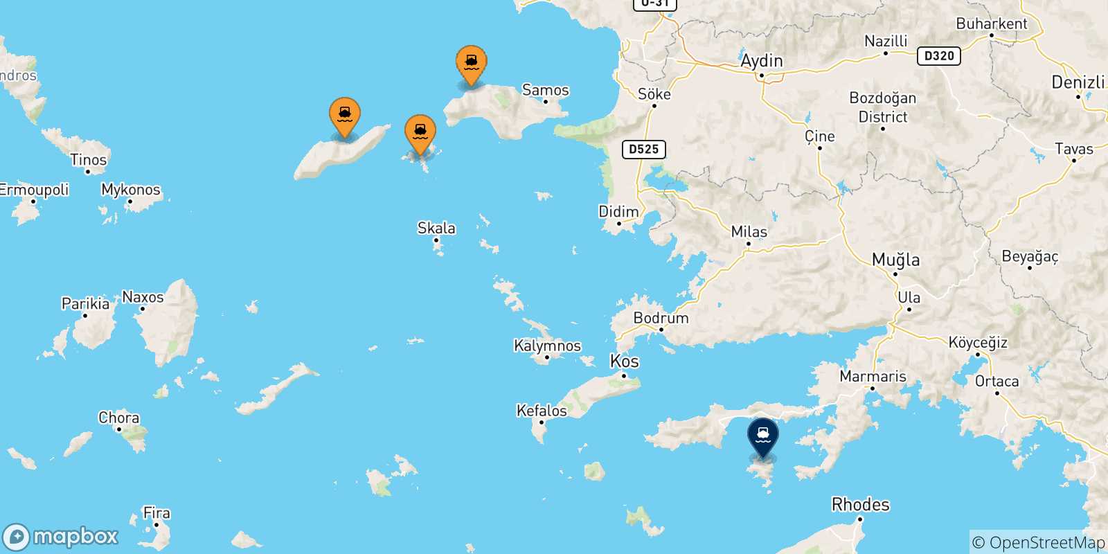 Map of the possible routes between Aegean Islands and Symi