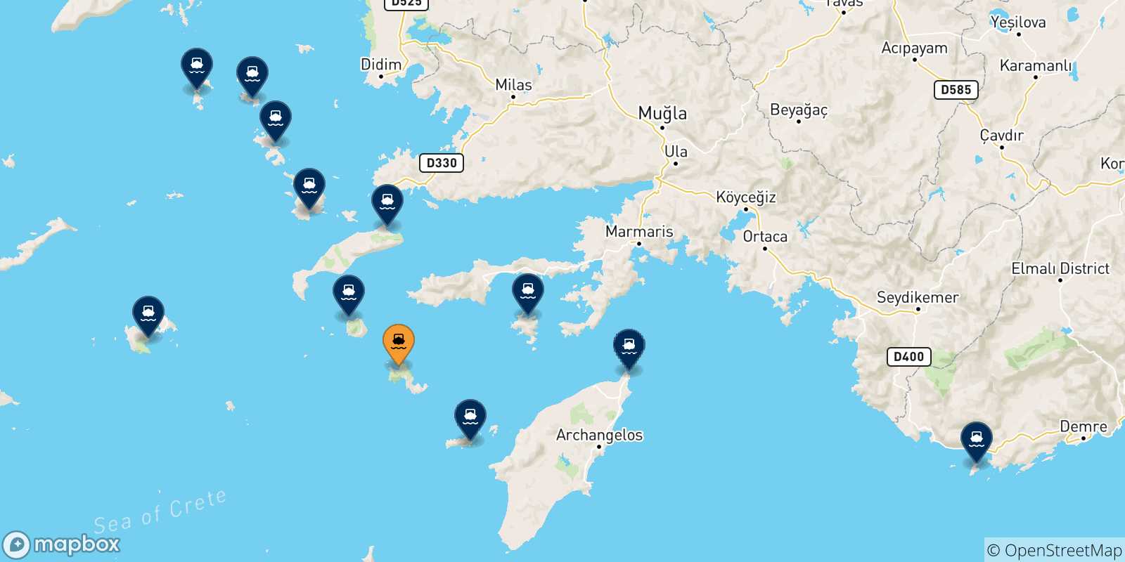 Map of the possible routes between Tilos and Dodecanese Islands