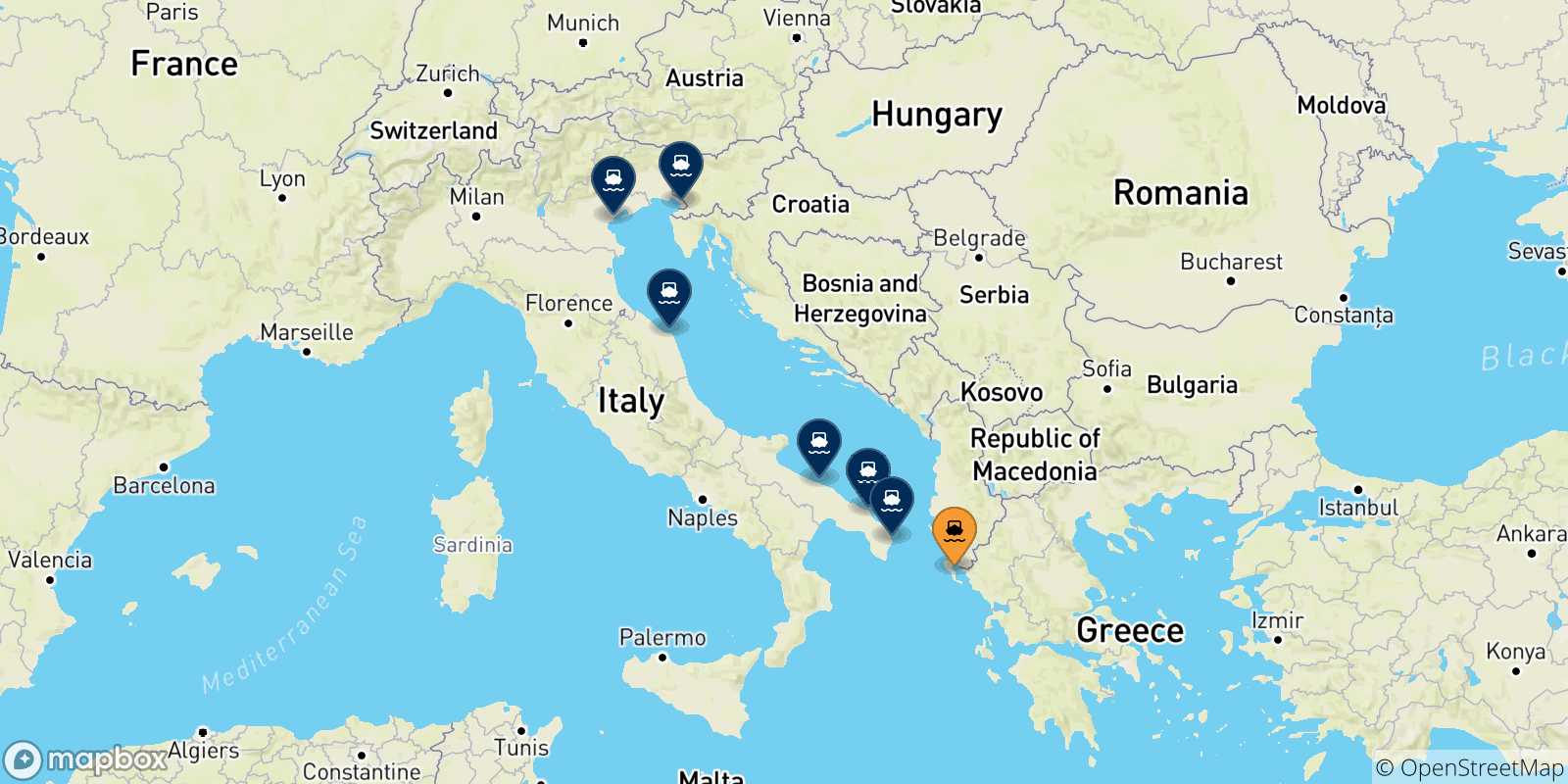 Map of the possible routes between Corfu and Italy