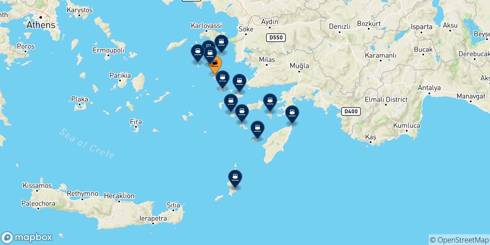 Map of the possible routes between Leros and Dodecanese Islands