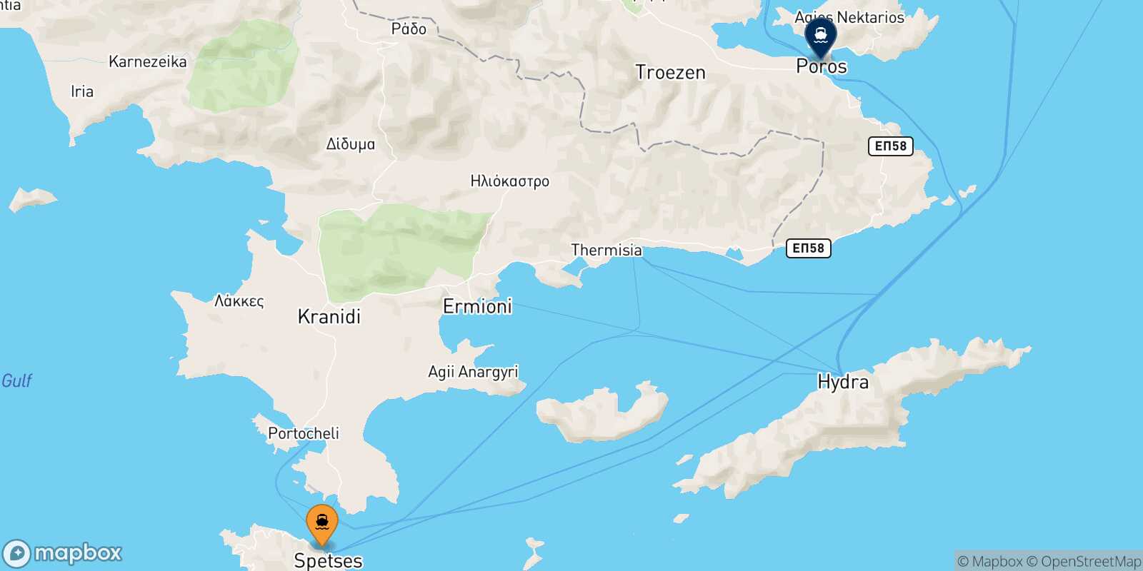 Spetses Poros route map
