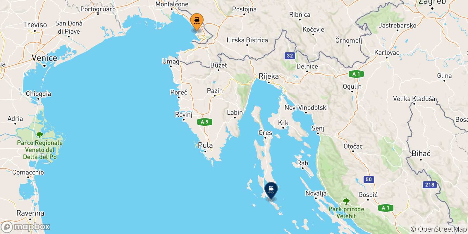 Map of the possible routes between Italy and Mali Losinj