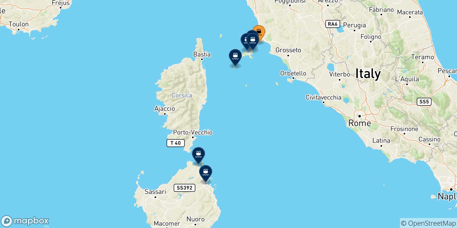 Map of the possible routes between Piombino and Italy
