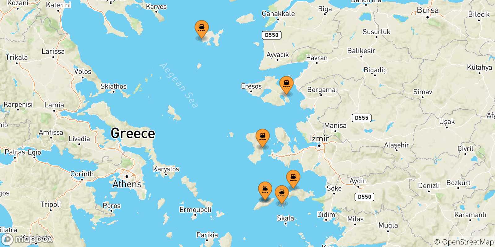 Map of the possible routes between Aegean Islands and Vathi (Samos)