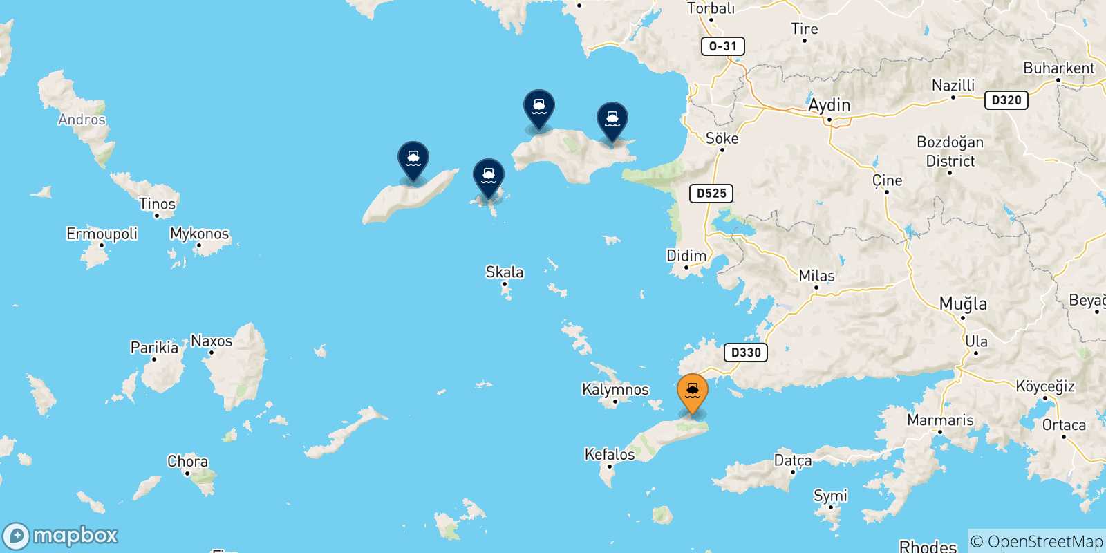 Map of the possible routes between Kos and Aegean Islands