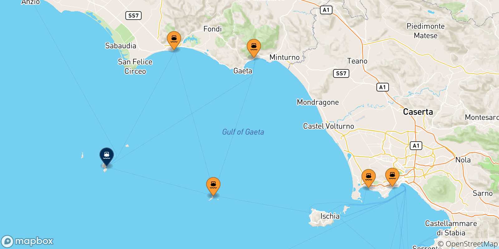 Map of the possible routes between Italy and Ponza