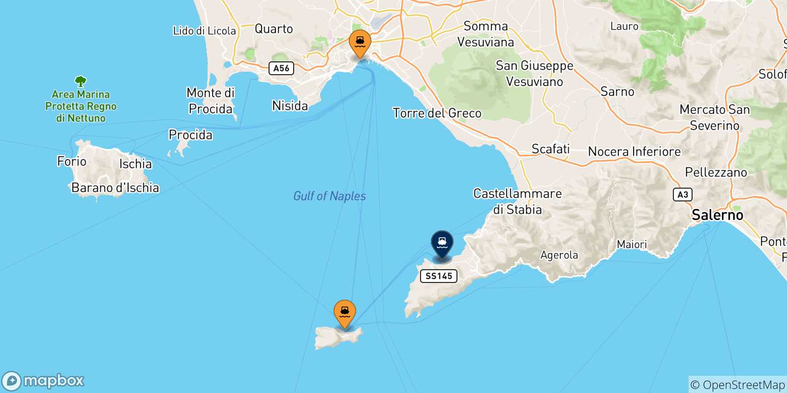 Map of the possible routes between Italy and Castellammare