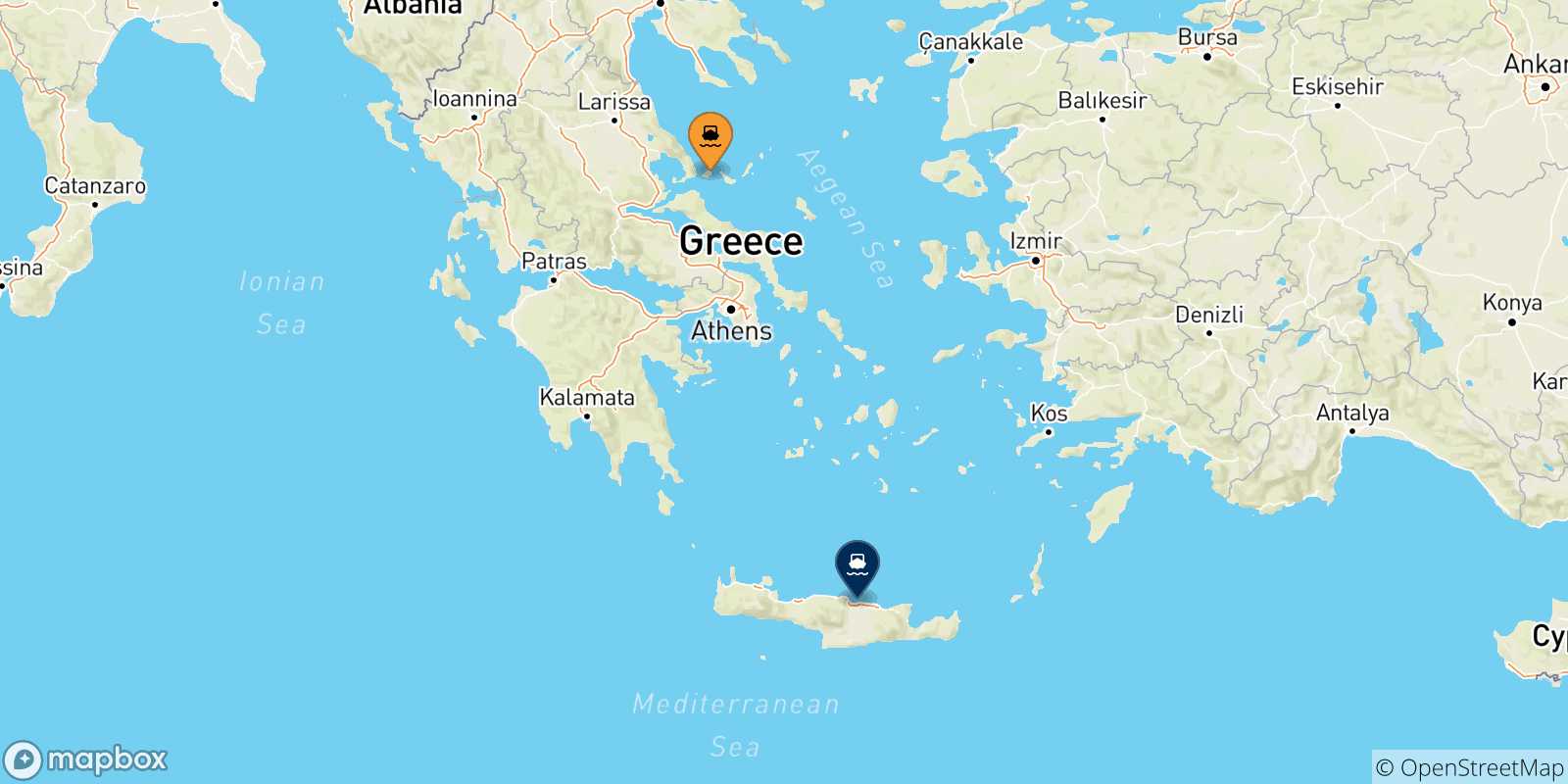 Map of the possible routes between Skiathos and Crete
