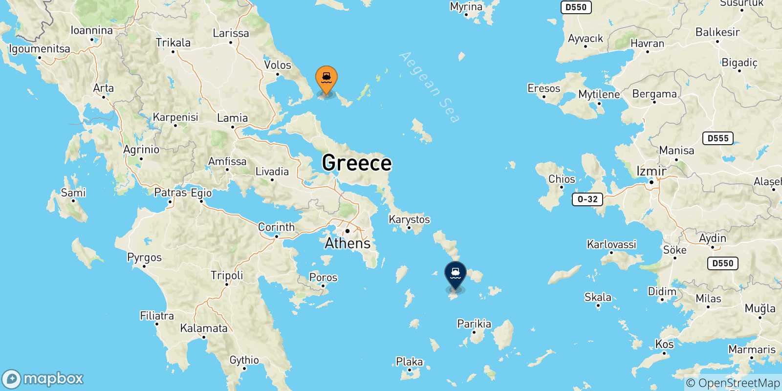 Map of the possible routes between Sporades Islands and Syros