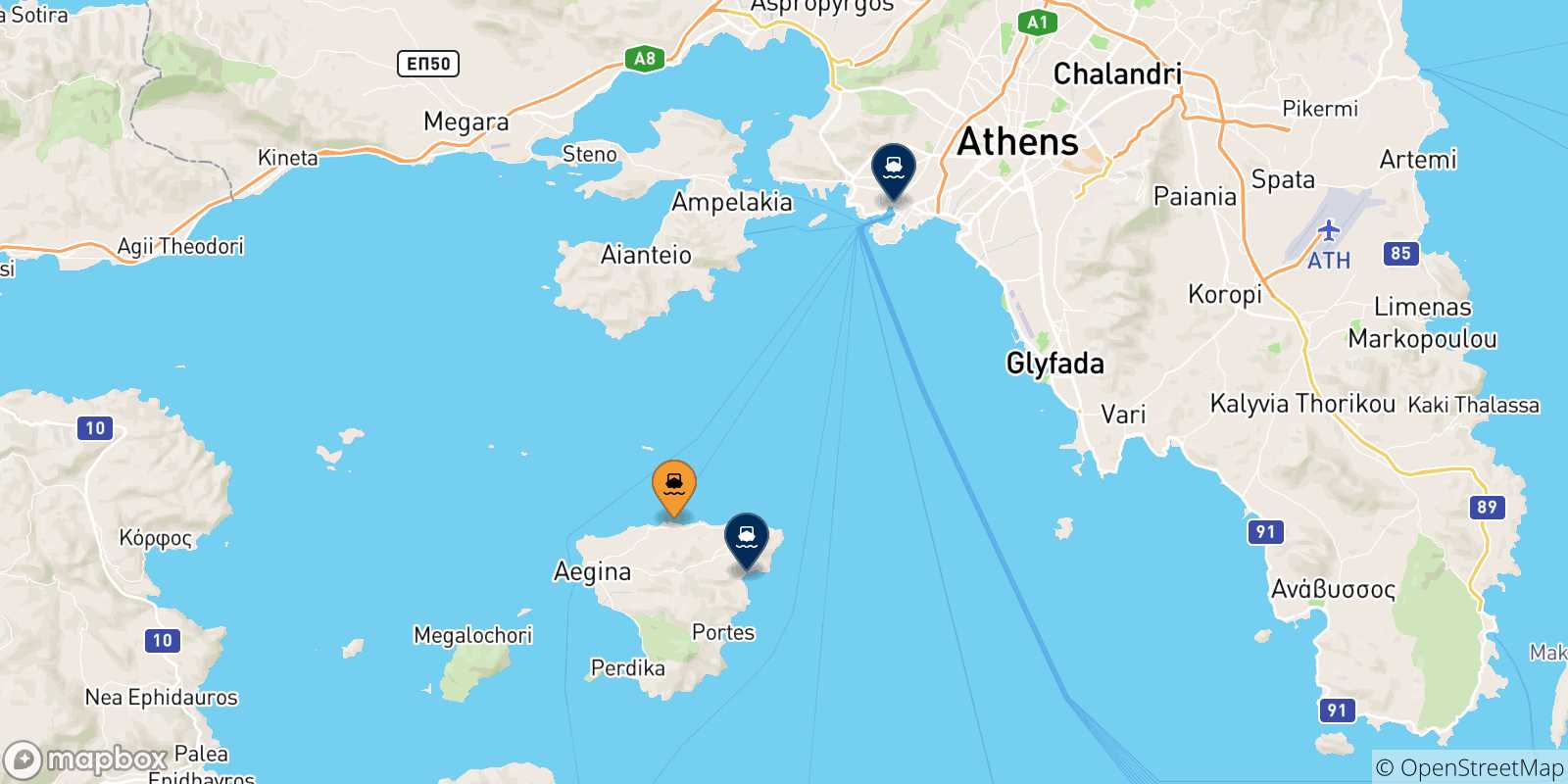 Map of the possible routes between Souvala (Aegina) and Greece