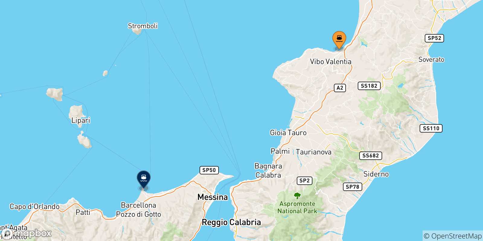 Map of the possible routes between Vibo Valentia and Sicily