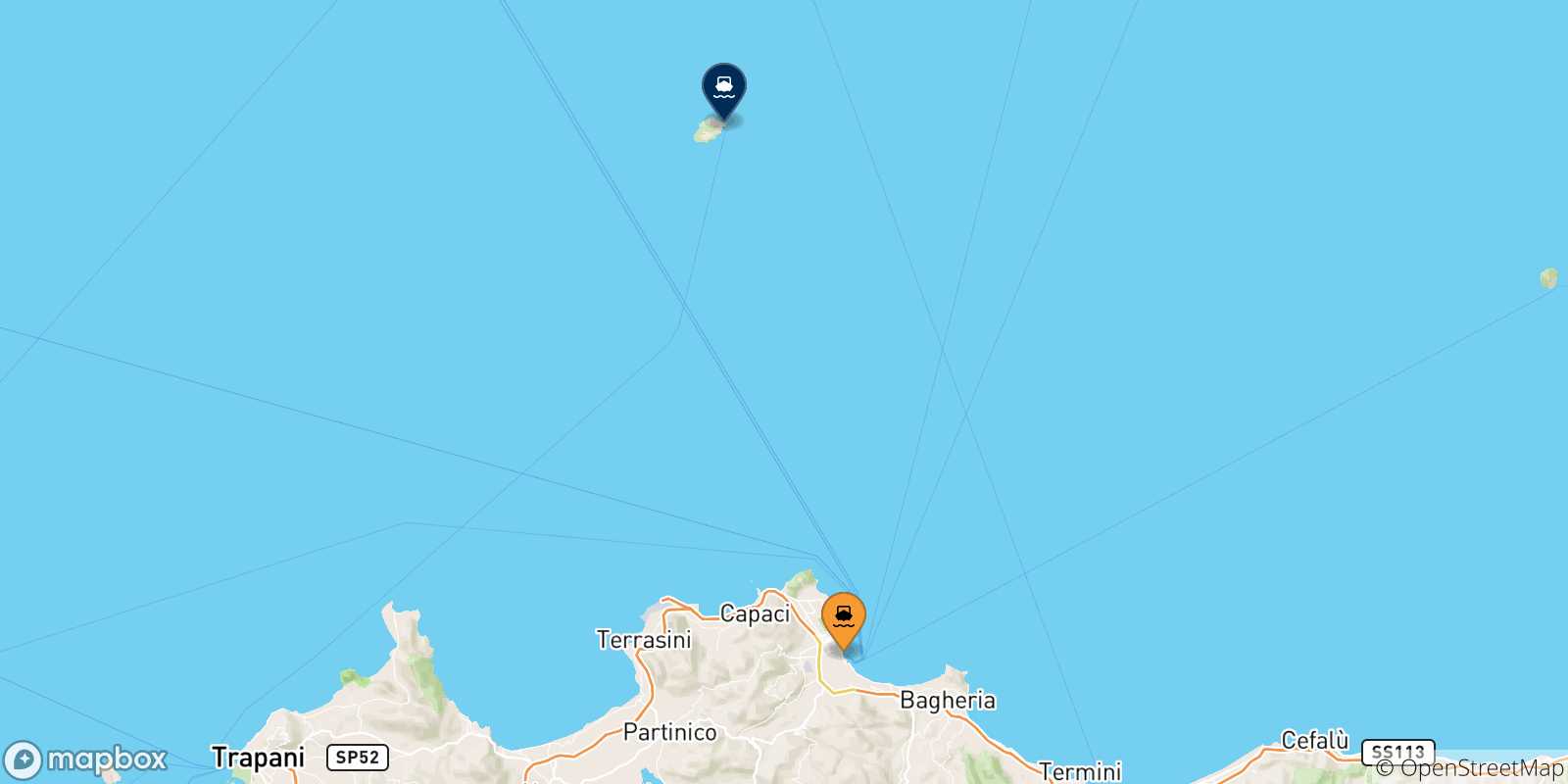 Map of the possible routes between Sicily and Ustica