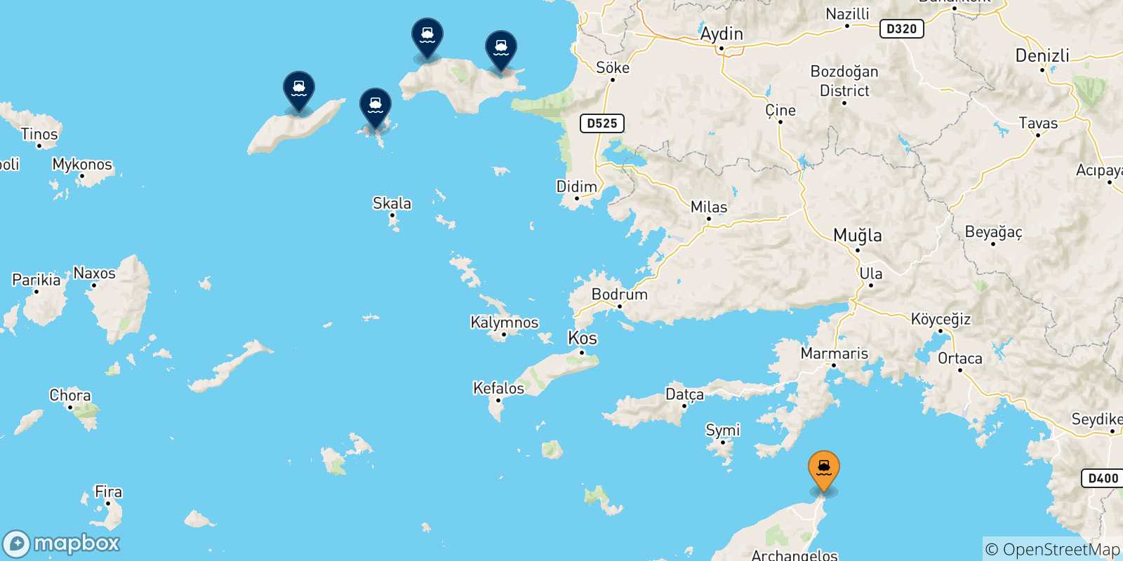 Map of the possible routes between Rhodes and Aegean Islands