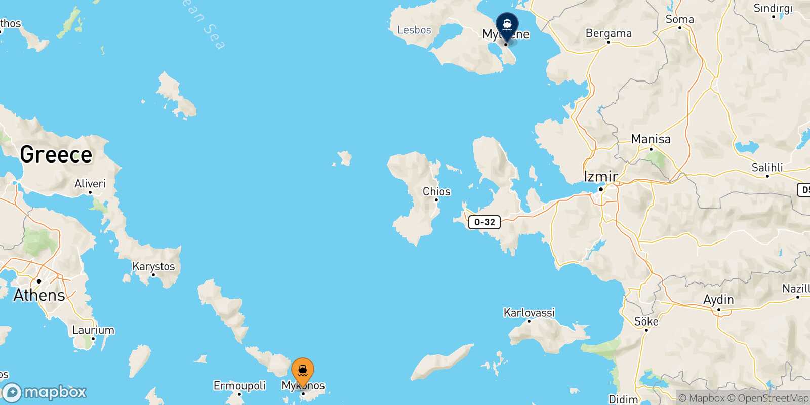 Mykonos Mytilene (Lesvos) route map