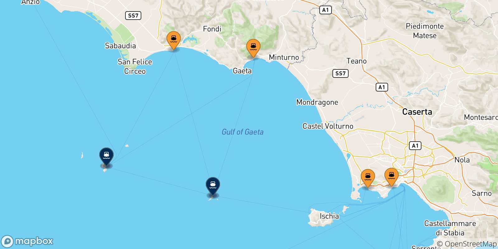 Map of the possible routes between Italy and Pontine Islands