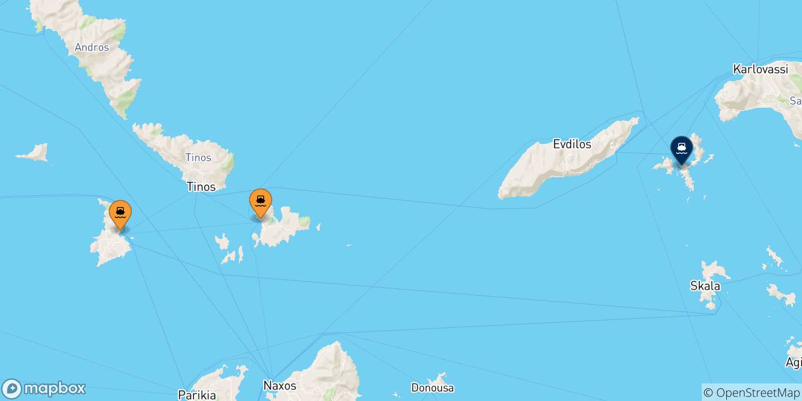 Map of the possible routes between Cyclades Islands and Fourni