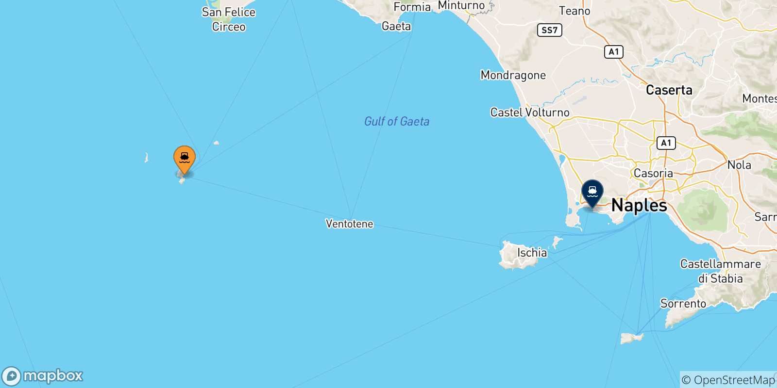 Map of the possible routes between Ponza and Gulf Of Naples