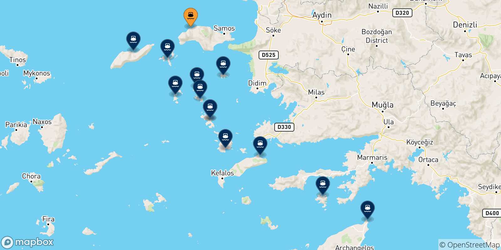 Map of the possible routes between Pythagorio (Samos) and Greece