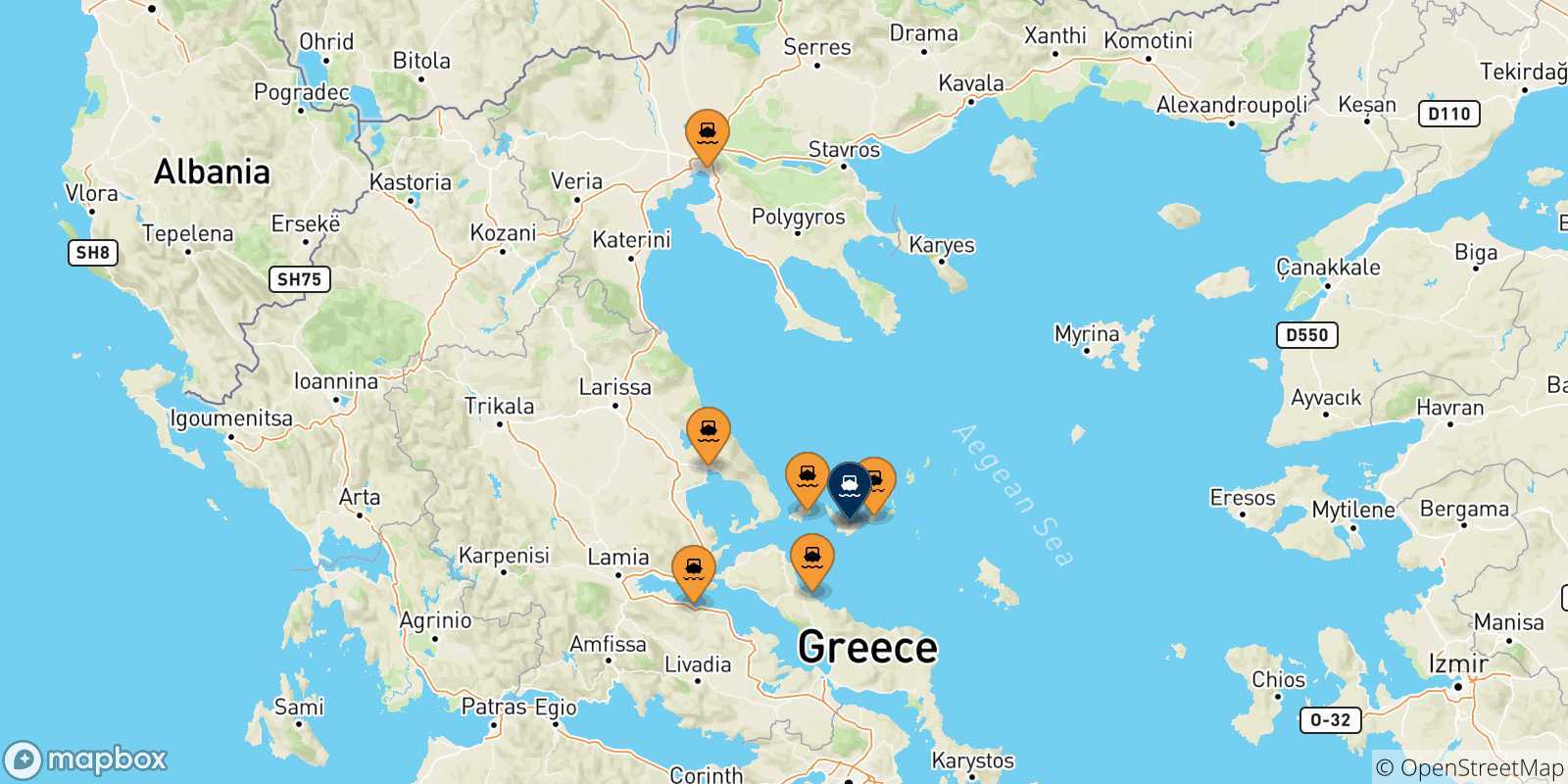 Map of the possible routes between Greece and Skopelos