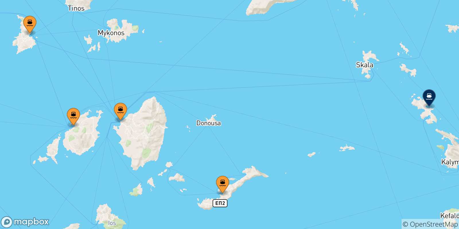Map of the possible routes between Cyclades Islands and Leros