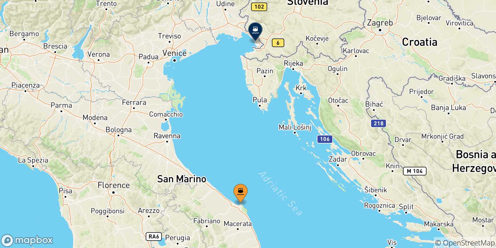 Map of the possible routes between Italy and Trieste
