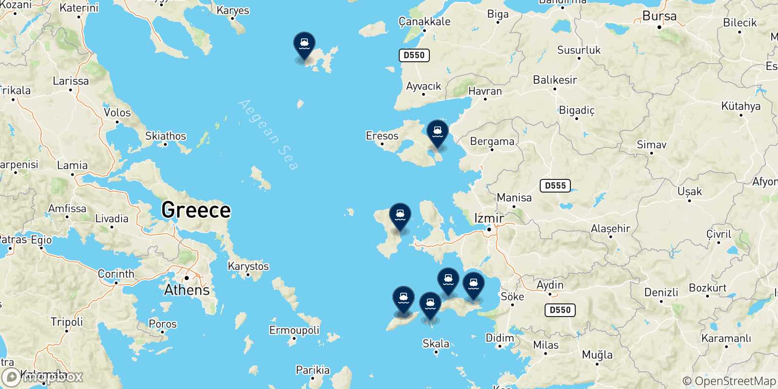 Map of the possible routes between Evdilos (Ikaria) and Aegean Islands