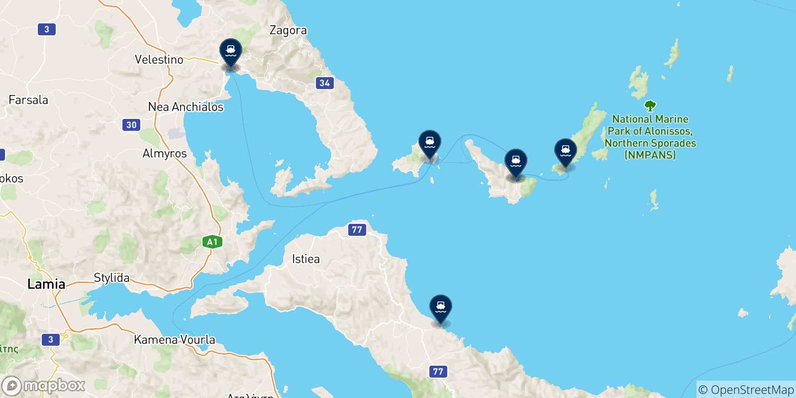 Map of the possible routes between Volos and Greece