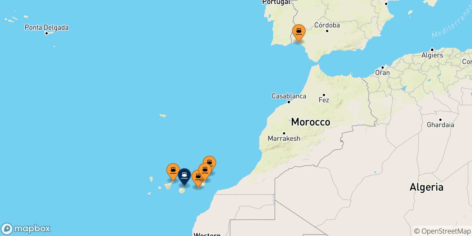 Map of the possible routes between Spain and Las Palmas De Gran Canaria