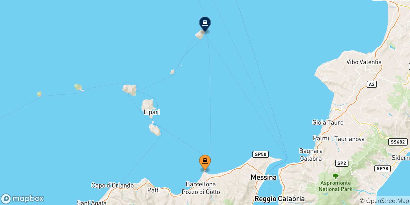 Map of the possible routes between Sicily and Stromboli