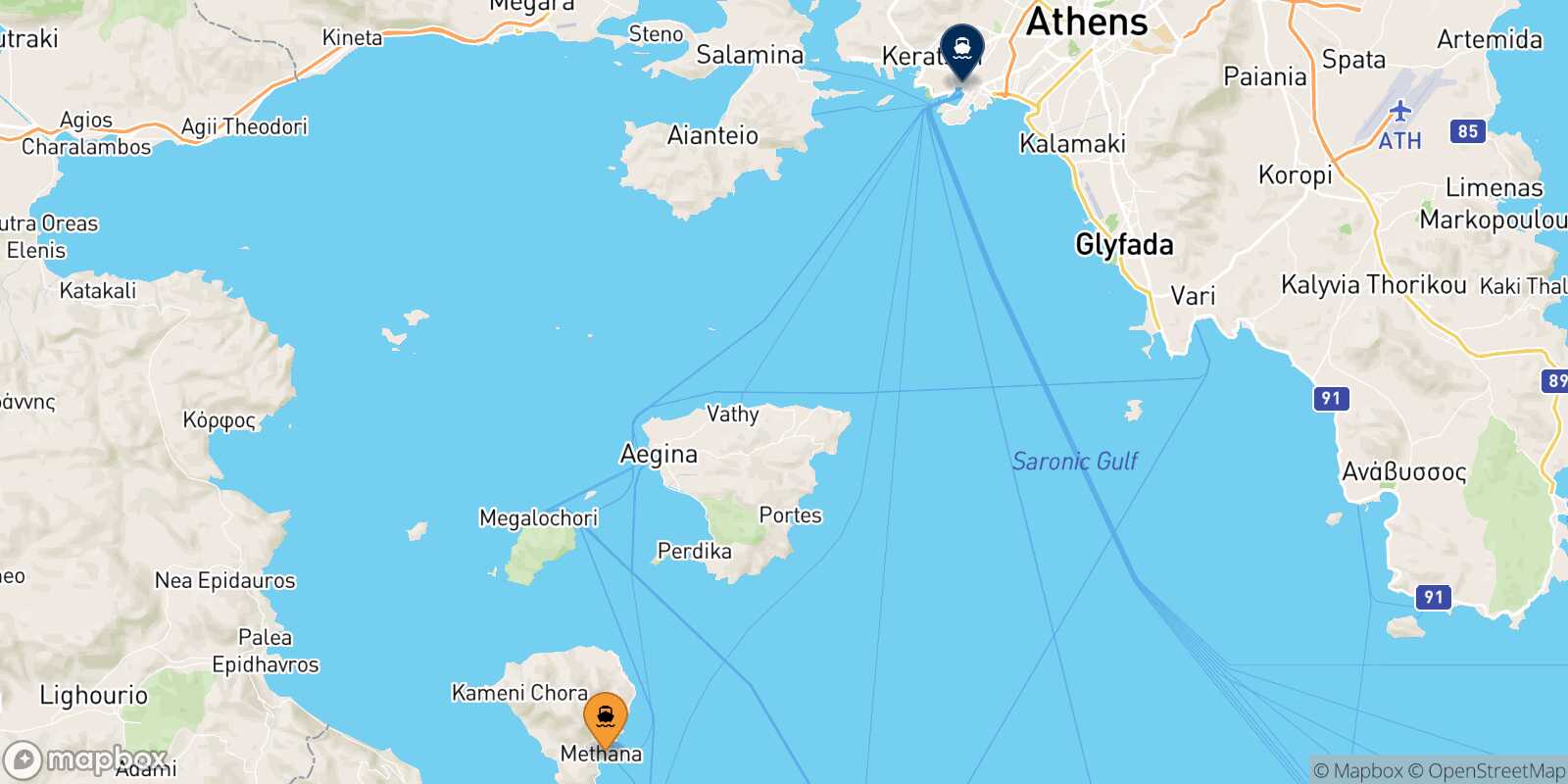 Methana Piraeus route map