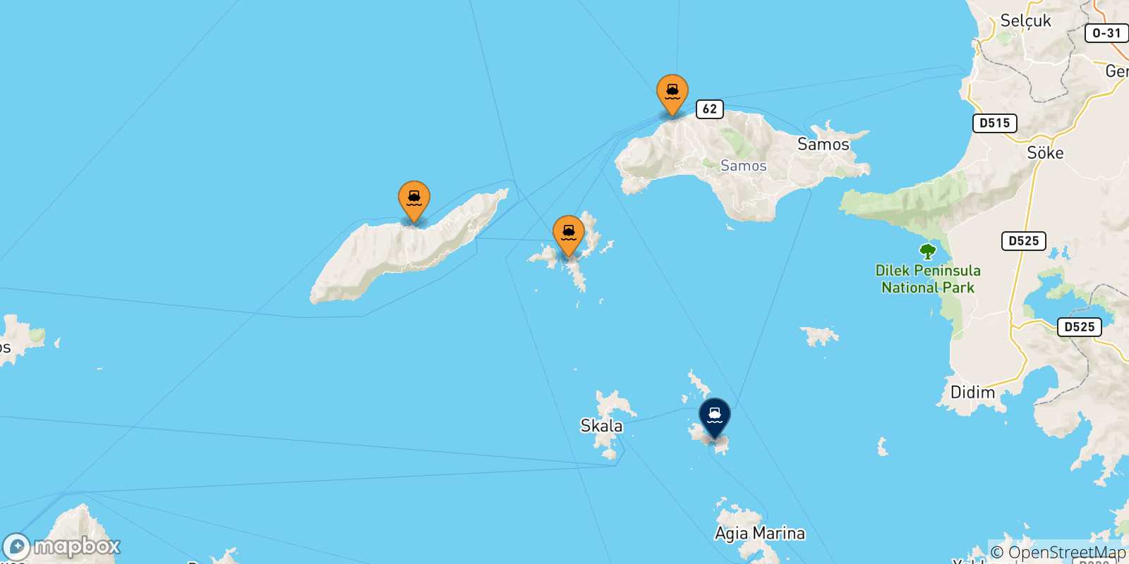 Map of the possible routes between Aegean Islands and Lipsi