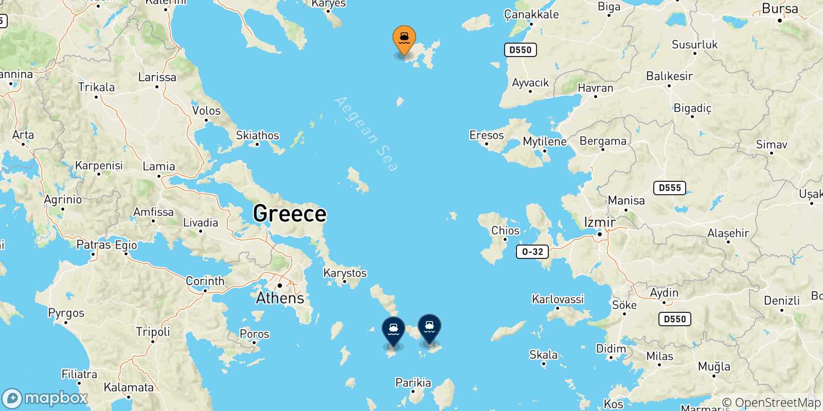 Map of the possible routes between Myrina (Limnos) and Cyclades Islands