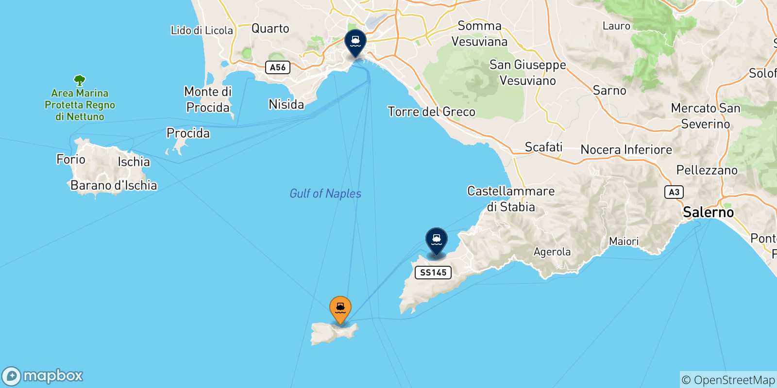 Map of the possible routes between Capri and Italy