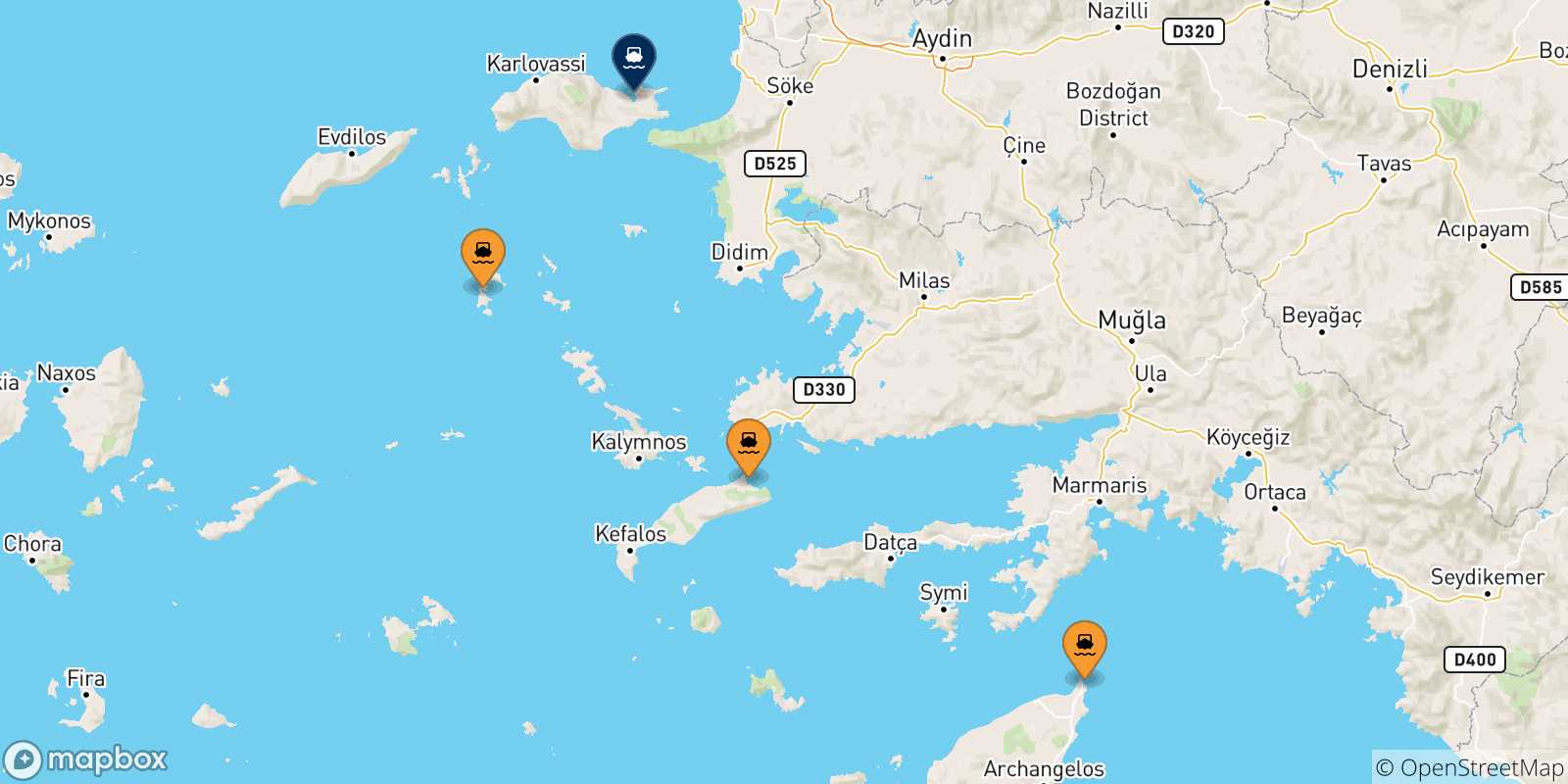 Map of the possible routes between Dodecanese Islands and Vathi (Samos)