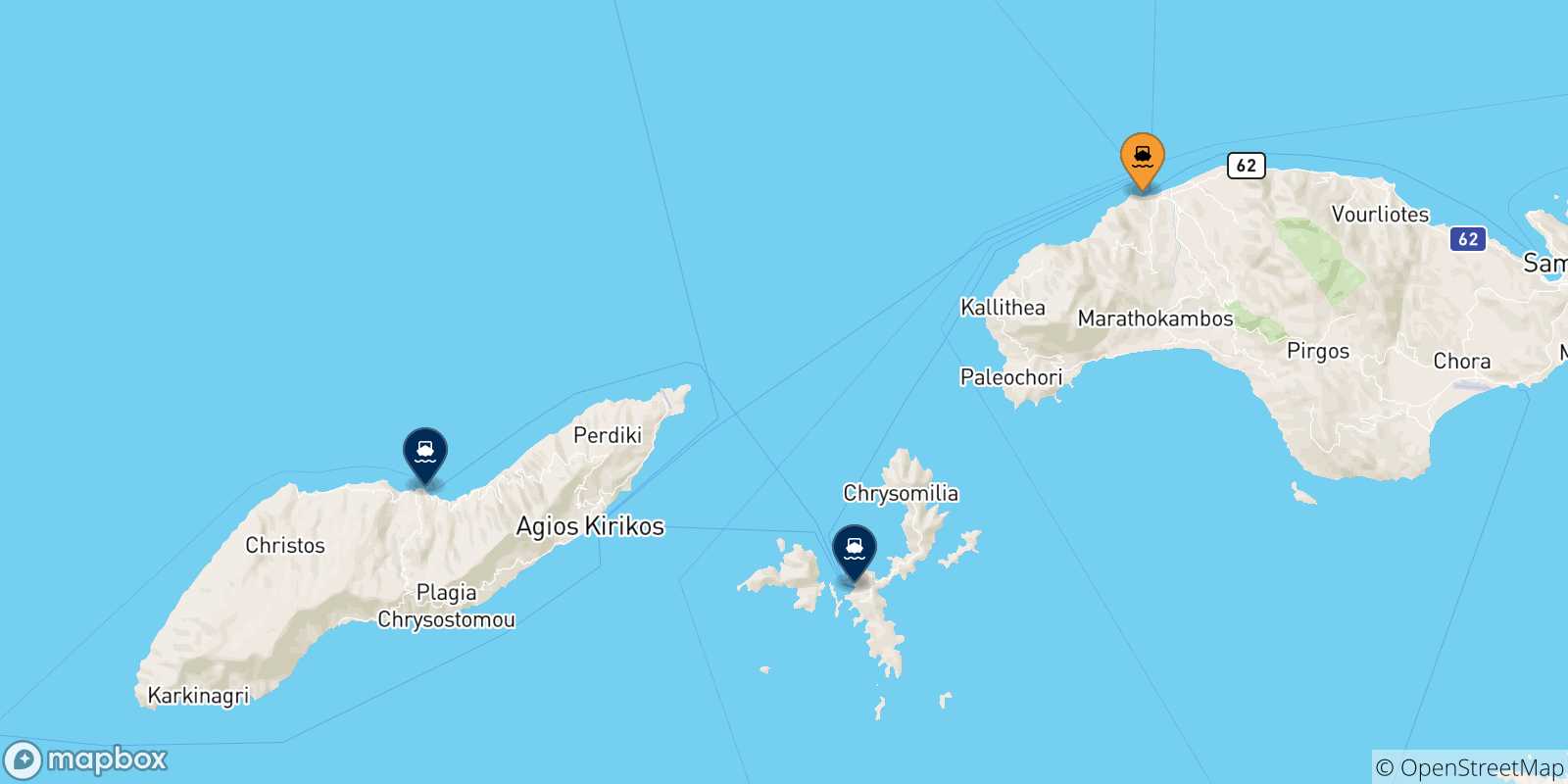 Map of the possible routes between Pythagorio (Samos) and Aegean Islands