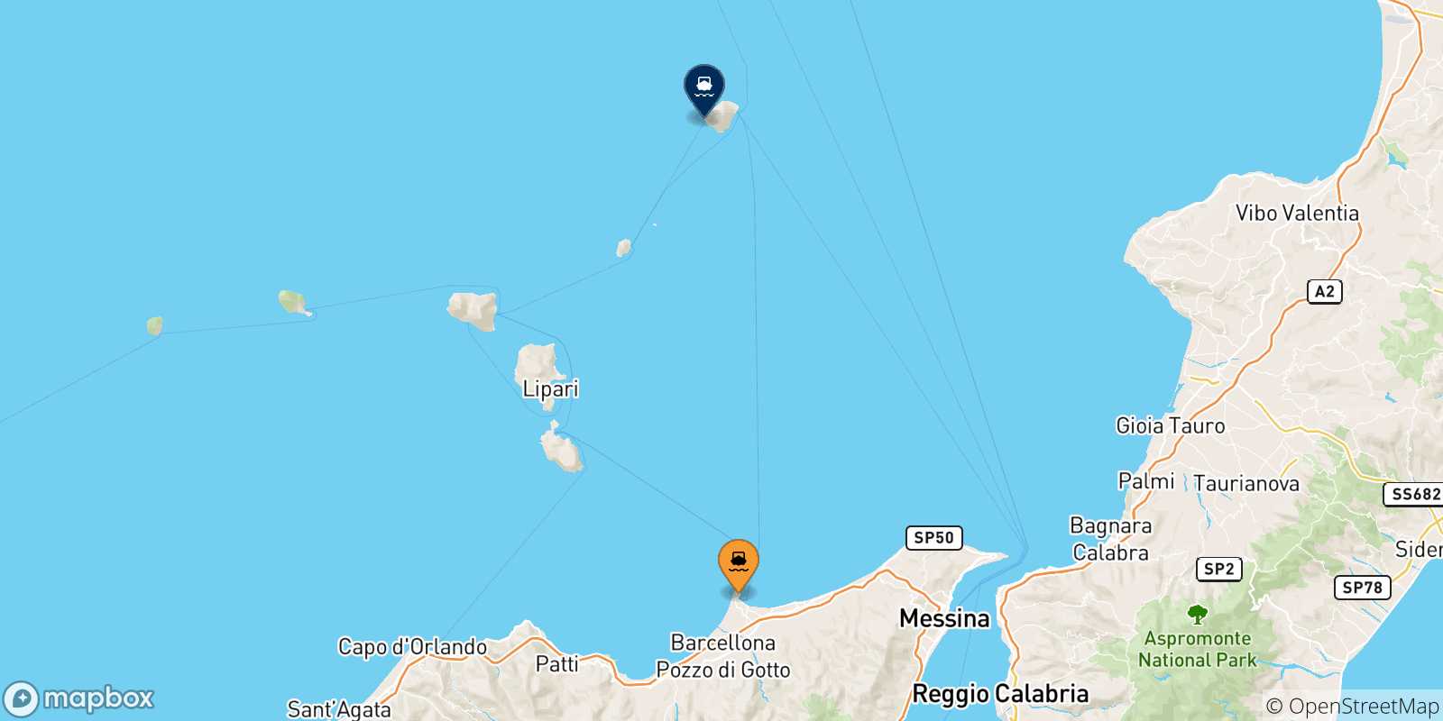 Map of the possible routes between Sicily and Ginostra (Stromboli)