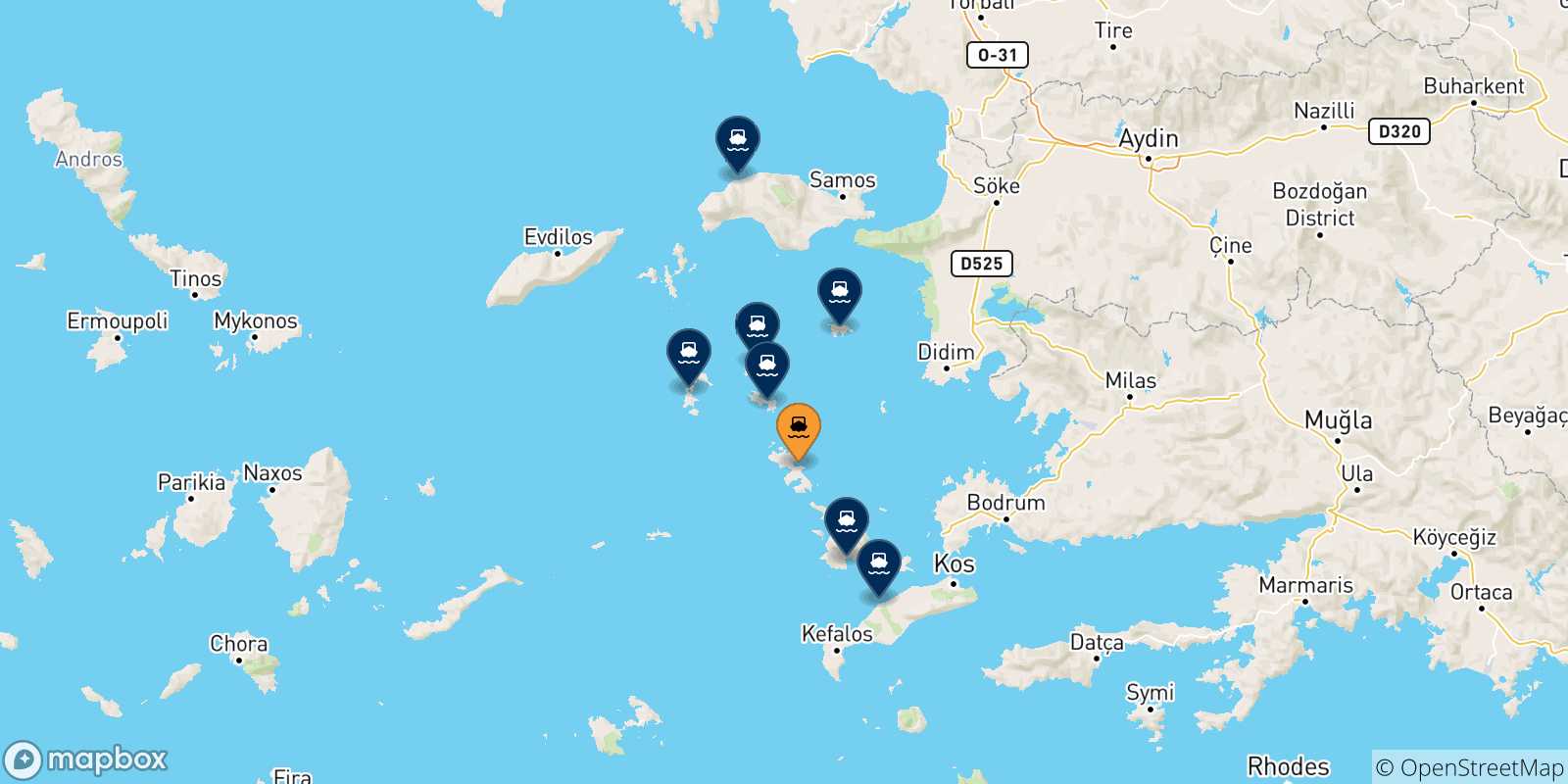 Map of the possible routes between Agia Marina (Leros) and Greece
