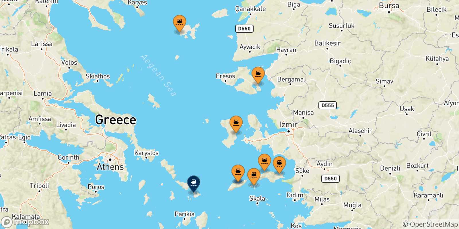 Map of the possible routes between Aegean Islands and Mykonos