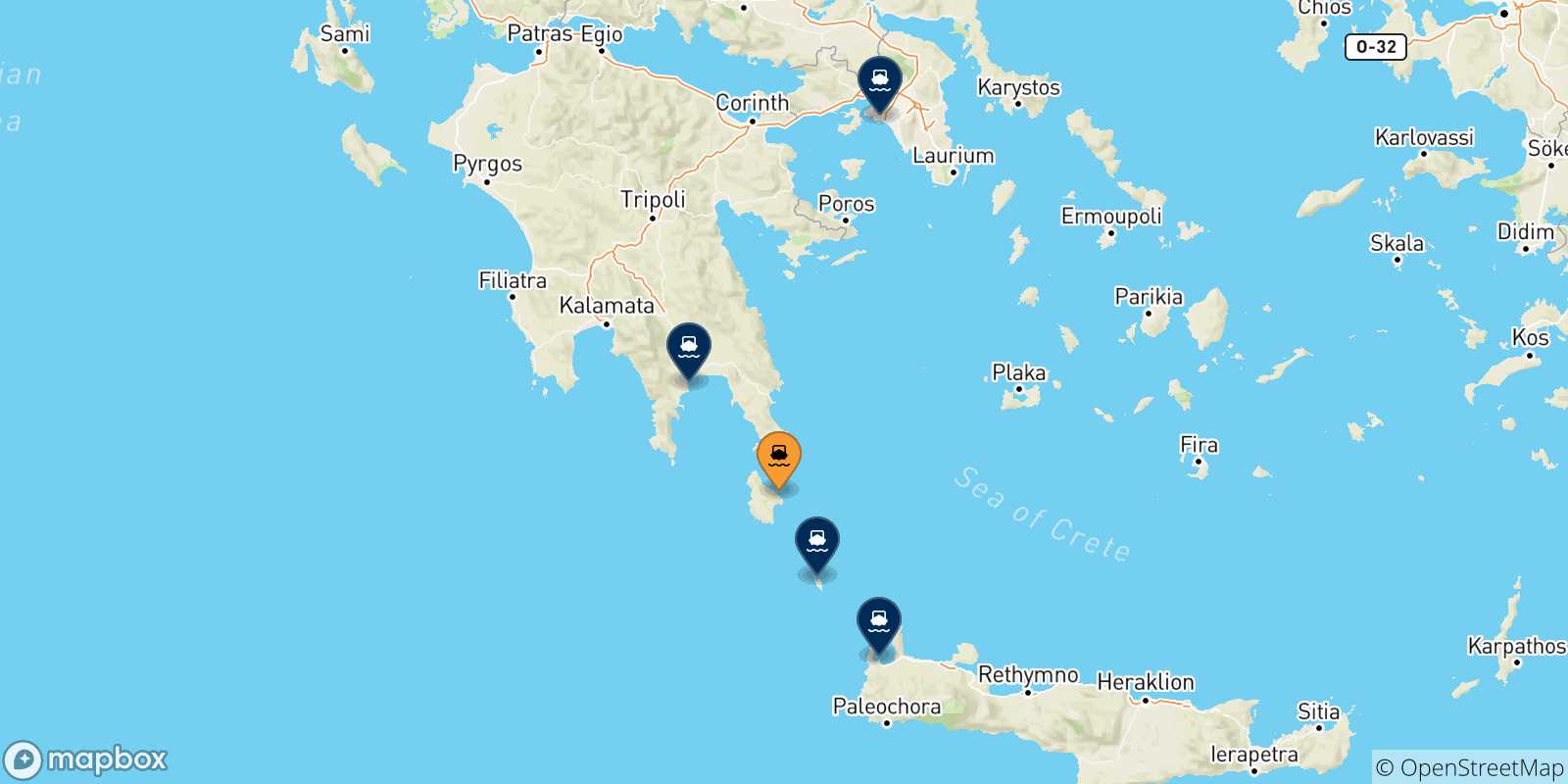 Map of the possible routes between Kythira and Greece