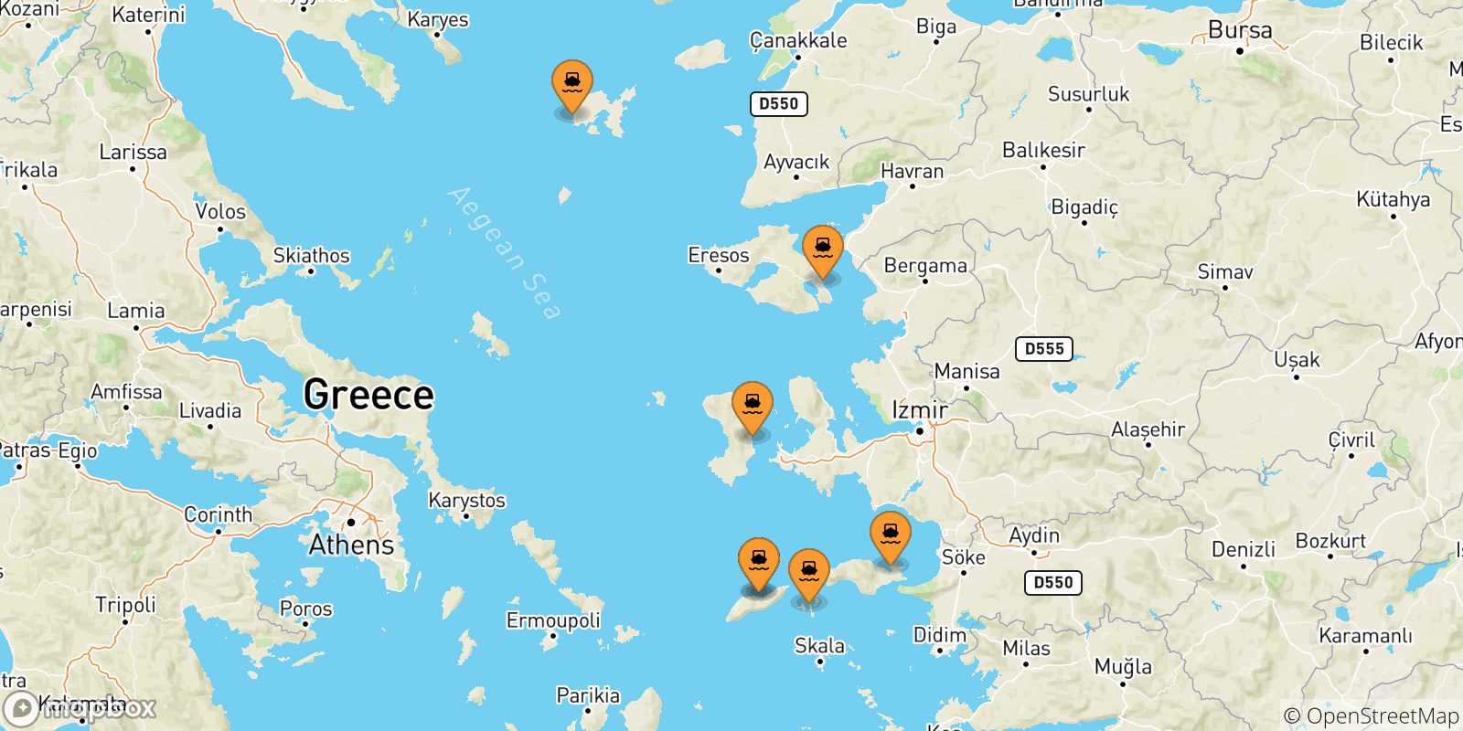 Map of the possible routes between Aegean Islands and Karlovassi (Samos)